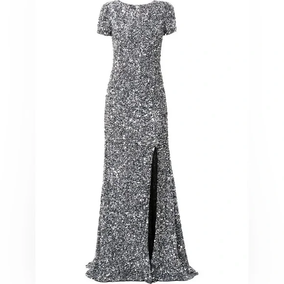 Rachel Gilbert Dresses | Rachel Gilbert Nixie Short Sleeved Sequin Embellished High Slit Gown Au0/Us2 Nwt | Color: Gray/Silver | Size: 2 |